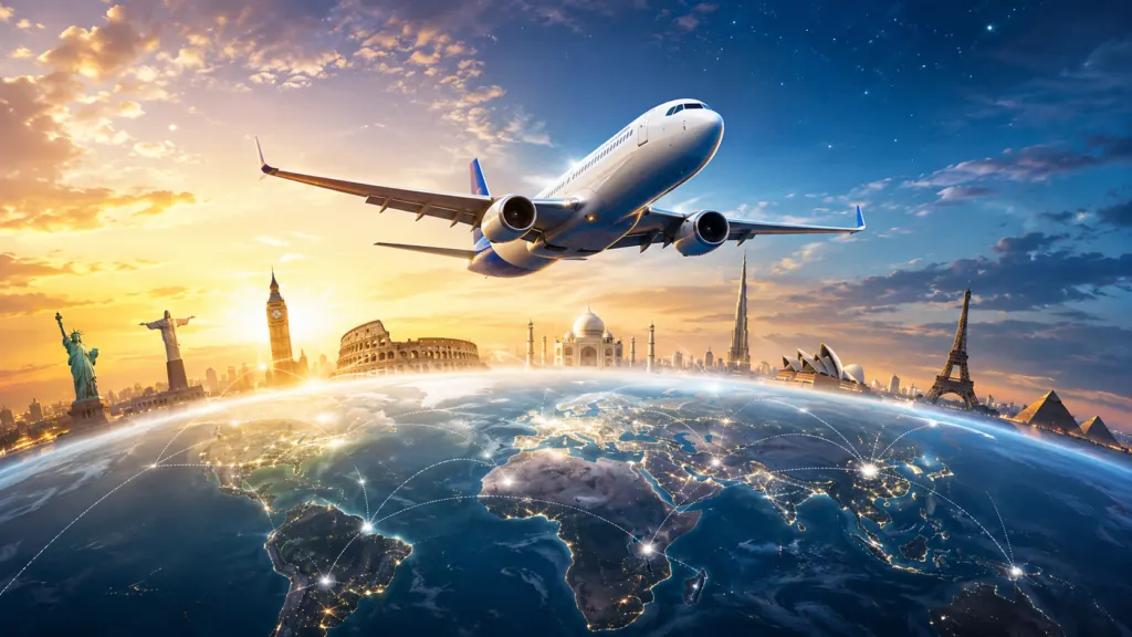 A passenger plane flying above the globe at sunrise